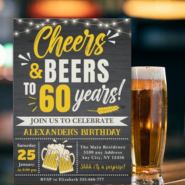 Convite Cheers and Beers to 60 Years, Beer-Themed  (Criador carregado)