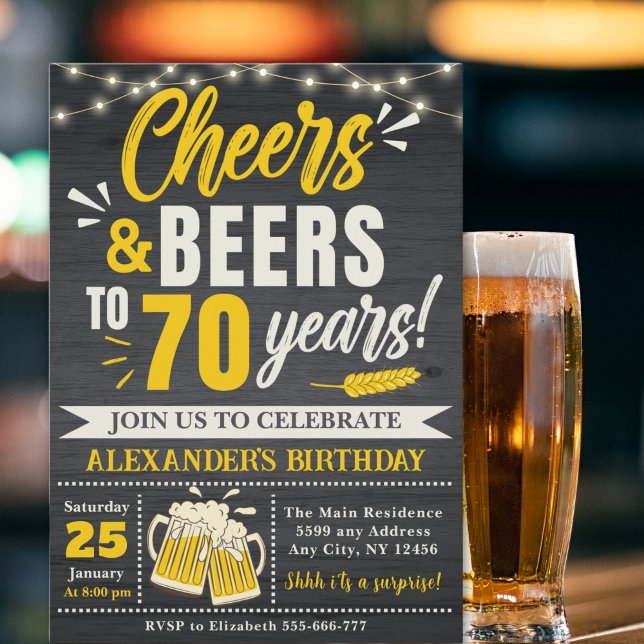 Convite Cheers and Beers to 70 Years, Beer-Themed  (Criador carregado)