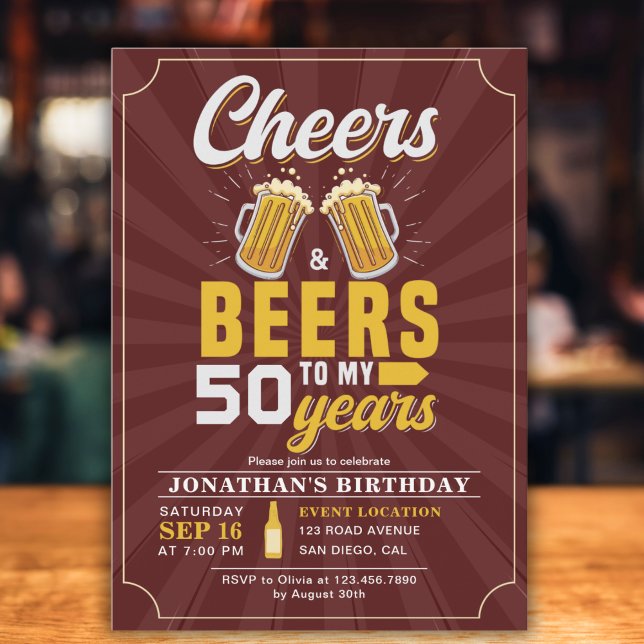 Convite Cheers and Beers to my 50 Years, Any Birthday (Criador carregado)