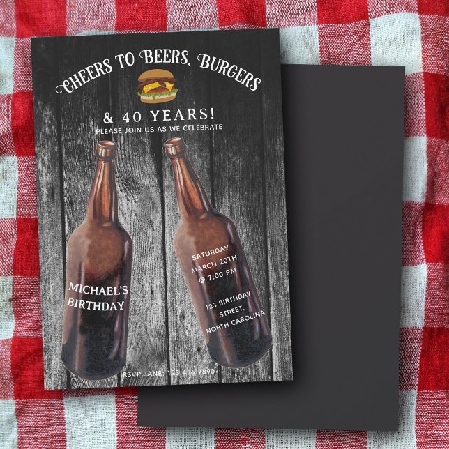 Convite Cheers Beers Burgers 40th Beer Birthday Party (Cheers Beers Burgers 40th Beer Birthday Party Invitation)