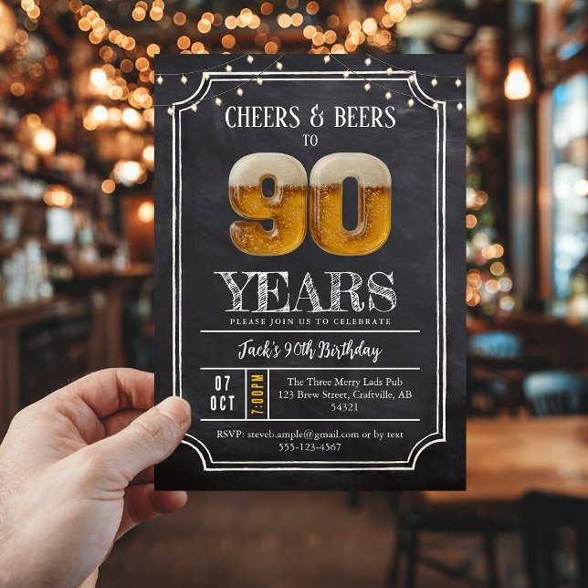 Convite Cheers & Beers Men's 90th Birthday Invitation (90th birthday invite, cheers and beers party
)