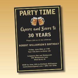 Convite Cheers & Beers Party Time 30th (Any Year) Birthday