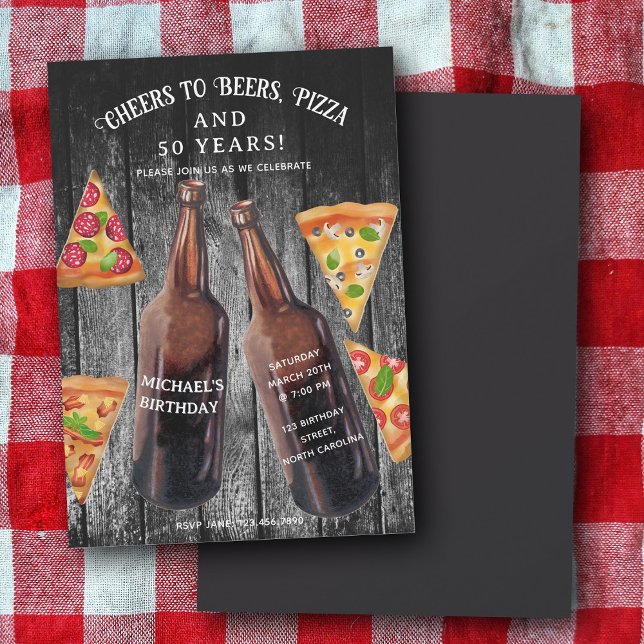 Convite Cheers Beers Pizza 50th Beer Birthday Party (Cheers Beers Pizza 50th Beer Birthday Party Invitation)