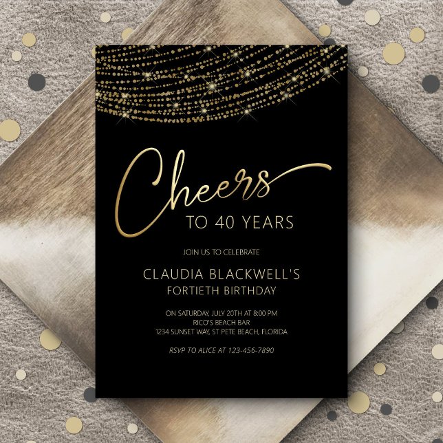 Convite Cheers Black Dourado aniversário de 40 anos (Criador carregado)