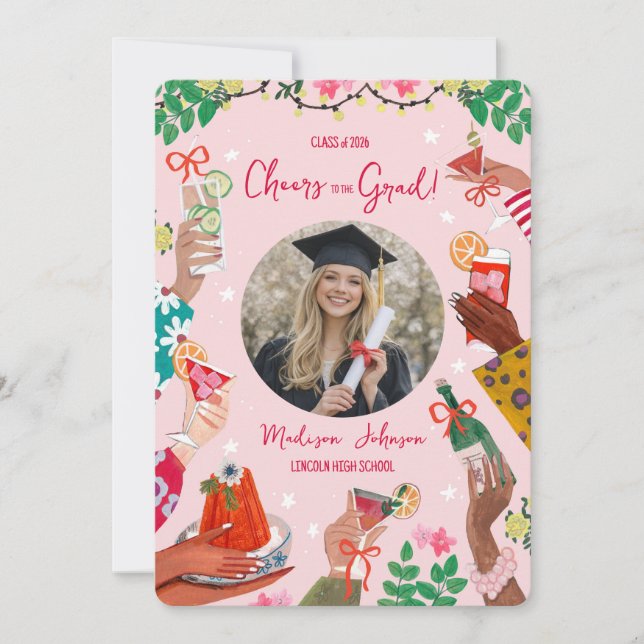 Convite Cheers Grad Doodle Photo Graduation Announcement (Frente)