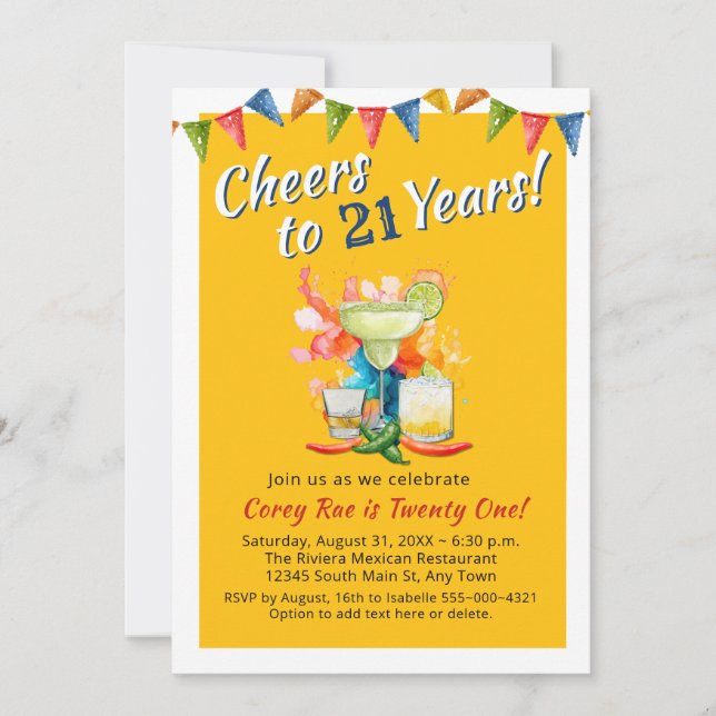 Convite Cheers to 21 Years Modern 21st Birthday  Fiesta (Frente)