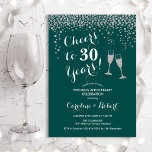 Convite Cheers to 30 Years Anniversary - Emerald Green Inv<br><div class="desc">Emerald Green 30th wedding anniversary invitation. Cheers to 30 Years! Elegant design in green and silver. Features champagne glasses, script font and confetti. Perfect for a stylish celebration of 30 years of marriage. Printed Zazzle invitations or instant download digital template. Can be customized to show any year! Personalize with your...</div>