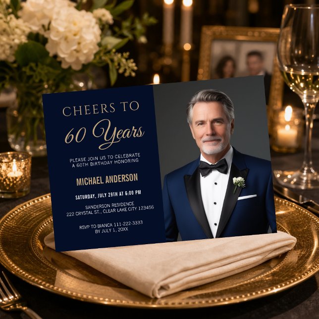 Convite Cheers to 60 Years Invite (Elegant navy and gold 60th birthday invitation with “Cheers to 60 Years” design)