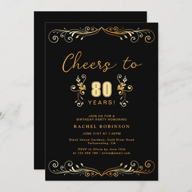 Convite Cheers to 80 Years Birthday Party Black & Gold (Frente/Verso)