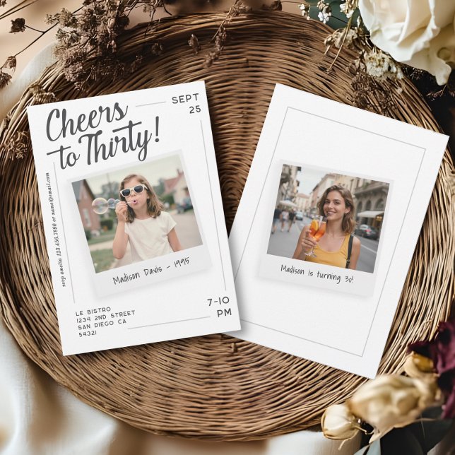 Convite Cheers to Thirty 30 Retro Photo Birthday  (Criador carregado)