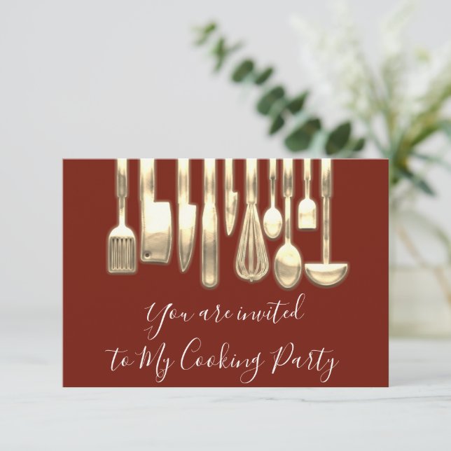 Convite Chef de Festa de Culinária Dourada Cozinha Marrom  (Em pé/Frente)