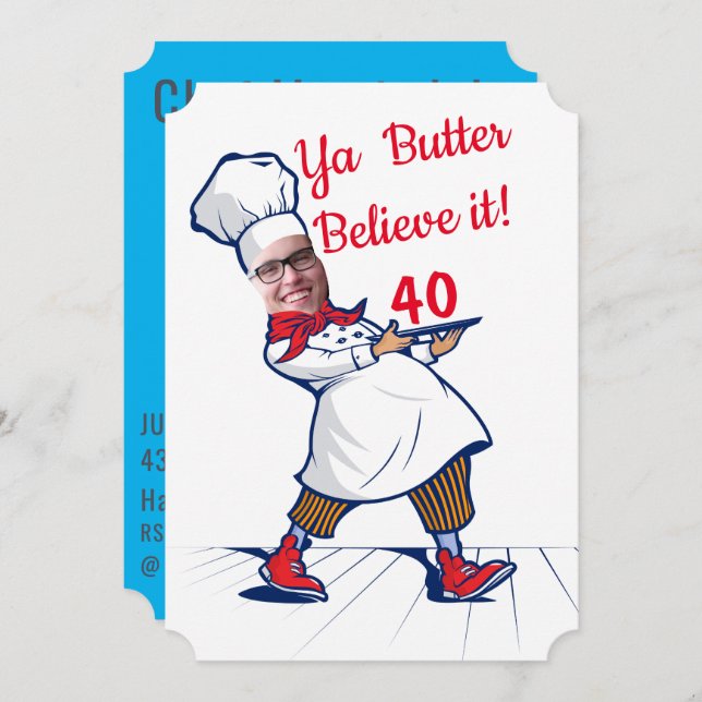 Convite Chef Engraçado Aniversário Cook Face Substituir Hu (Frente/Verso)