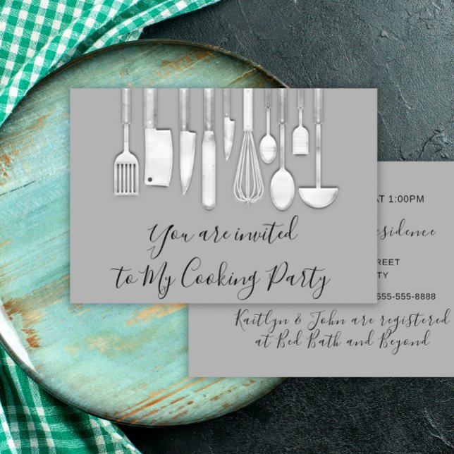Convite Chefe de Festa de Cozinha Dourada Prata Cinza (Cooking Party Chef Golden Kitchen Gray Silver Invitation)