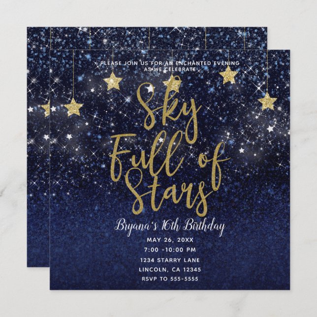 Convite Cheio do céu das estrelas Starry Night Dourado Par (Frente/Verso)