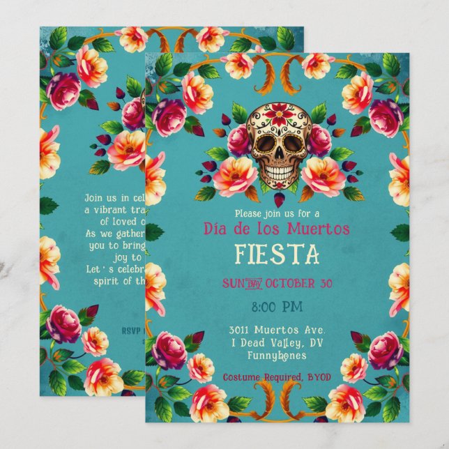 Convite 💀 🎉 Cheio do crânio de Rosas, Día de los Muertos (Frente/Verso)