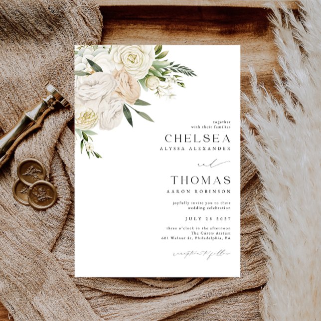 Convite CHELSEA Watercolor White Blooms Wedding Invitation (Criador carregado)