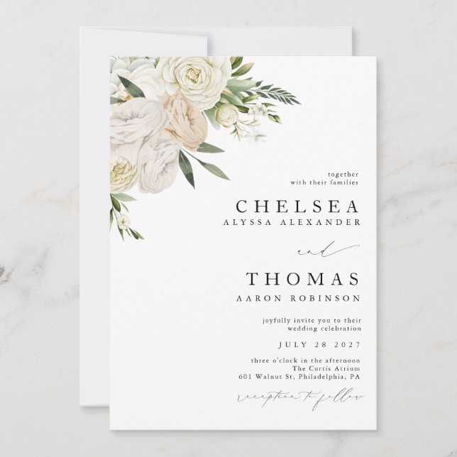 Convite CHELSEA Watercolor White Blooms Wedding Invitation (Frente)