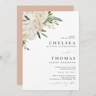 Convite CHELSEA Watercolor White Blooms Wedding Invitation