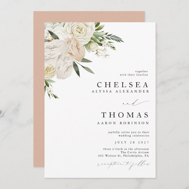 Convite CHELSEA Watercolor White Blooms Wedding Invitation (Frente/Verso)