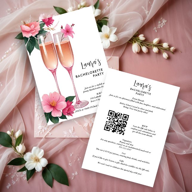 Convite Cherish Cute Floral Champagne Flutes Bachelorette (Cherish Cute Floral Champagne Flutes Elegant Bachelorette Party Invitations )