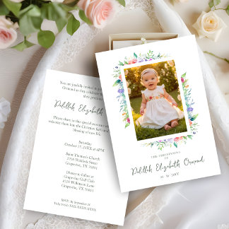 Convite Cherish Cute Floral Frame Christening Photo 