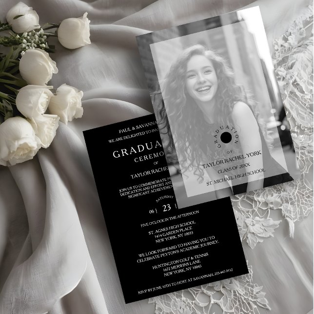 Convite Cherish Exquisite Delicate Minimalist Black White (Cherish Exquisite Delicate Minimalist Black & White Photo with Vellum Translucent Effect Graduation.)