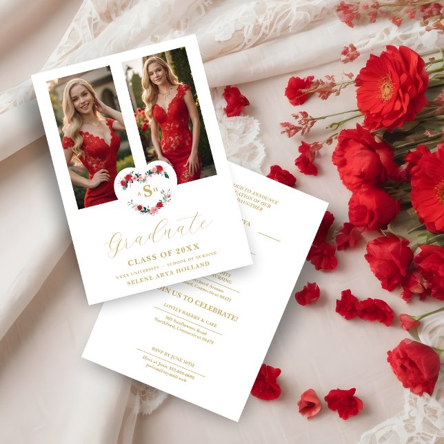 Convite Cherish  Floral Heart Initials Graduate 2 Photos (Cherish Romantic Floral Heart Initials Graduate 2 Photos Invitation Card. )