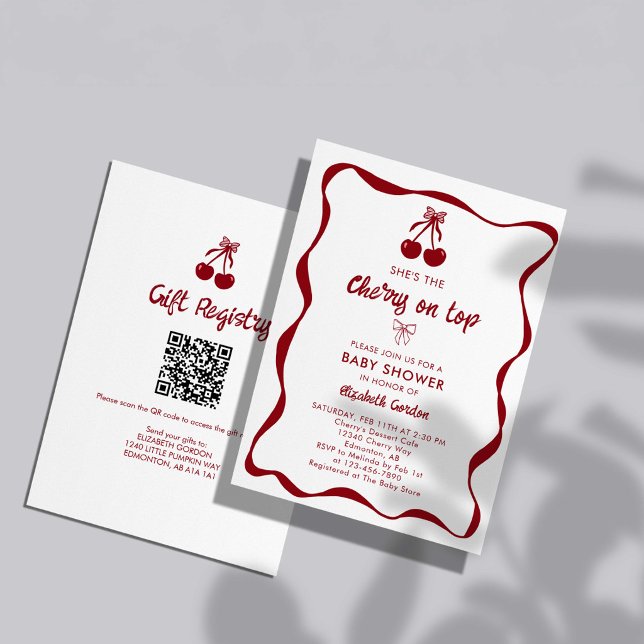 Convite Cherry Baby Shower 2-sided QR Code Registry Sweet (Criador carregado)