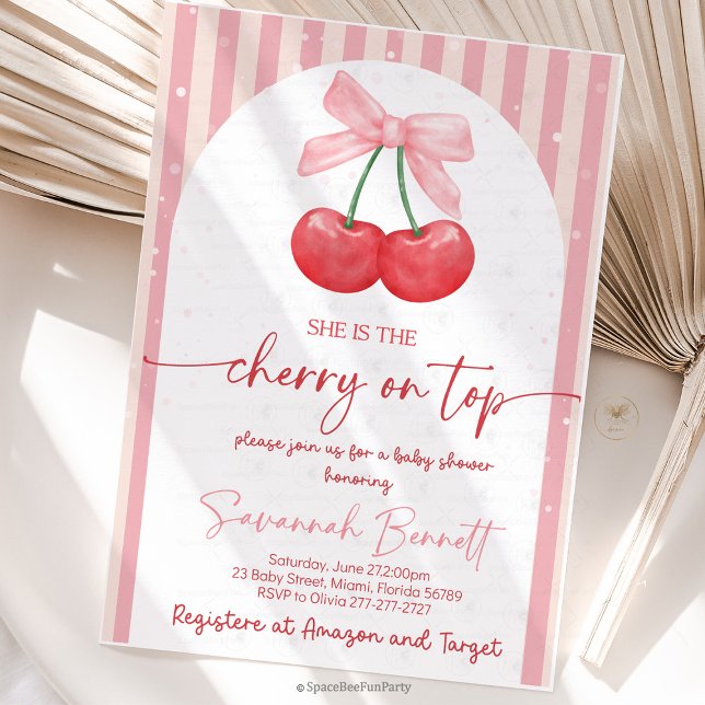 Convite Cherry Baby Shower Cherry on Top (Cherry Baby Shower Invitation, Editable Cherry on Top Invitation, Girl Baby Shower Invite, Pink Bow )
