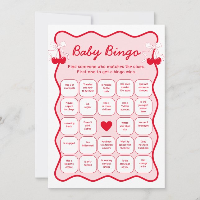 Convite Cherry Baby Shower Find the Guest Bingo Game Card (Frente)