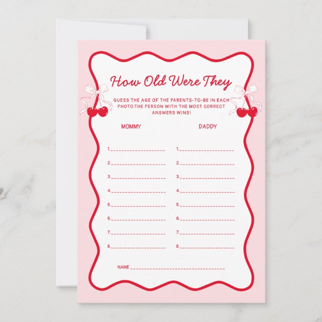 Convite Cherry Baby Shower How Old Were They Game (Frente)