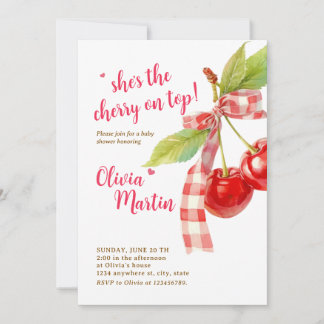 Convite Cherry Baby Shower Invitation: Pink Bow, Berries