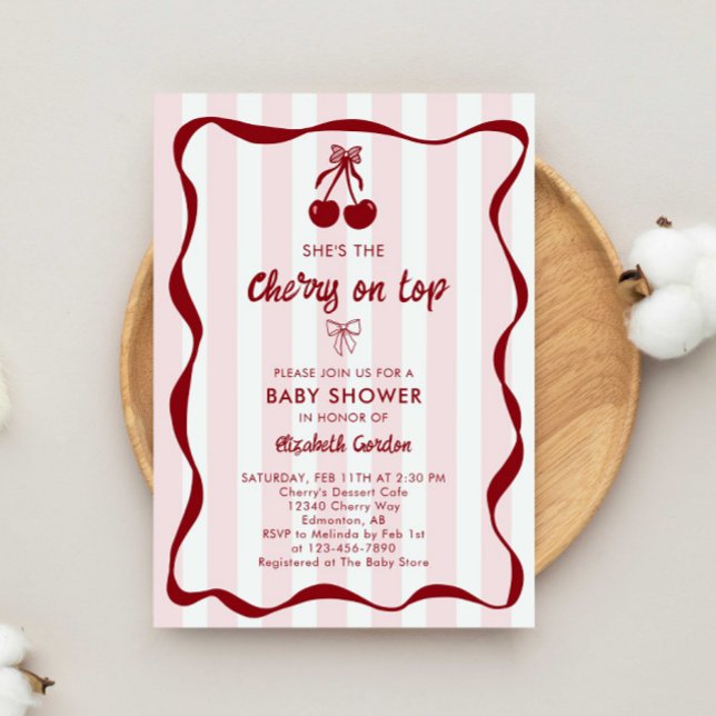 Convite Cherry Baby Shower Sweet Pink Stripes Cute Bow (Criador carregado)