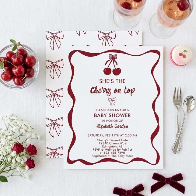 Convite Cherry Baby Shower Sweet Pink Stripes Cute Bow (Criador carregado)