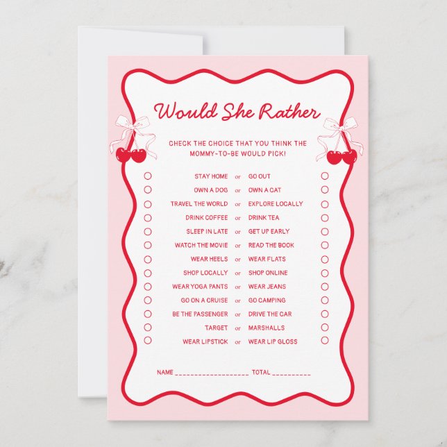 Convite Cherry Baby Shower Would She Rather Game Card (Frente)