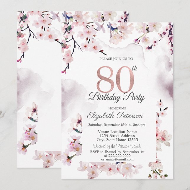 Convite Cherry Blossom 80 Birthday (Frente/Verso)
