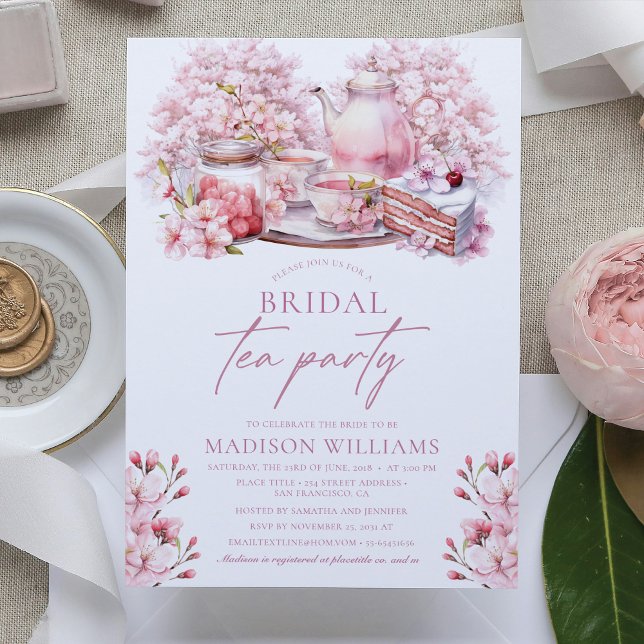 Convite Cherry Blossom Bridal Tea Watercolor (Criador carregado)