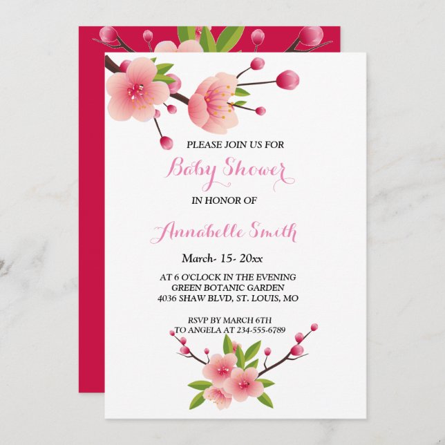 Convite Cherry Blossom Chá de fraldas floral verde rosa (Frente/Verso)