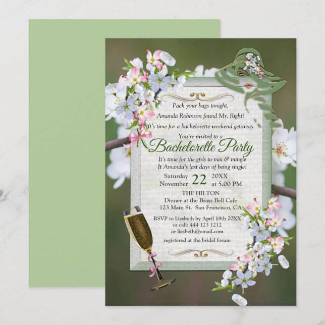 Convite Cherry Blossom Festa de solteira (Frente/Verso)