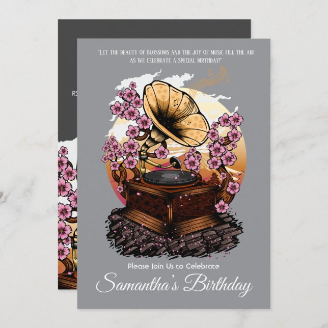 Convite Cherry Blossom Musical Birthday (Frente/Verso)