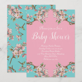 Convite Cherry Blossom Teal Retro Vintage Chá de fraldas