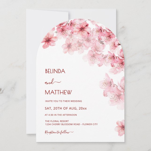 Convite  Cherry Blossom White Arched Wedding (Frente)