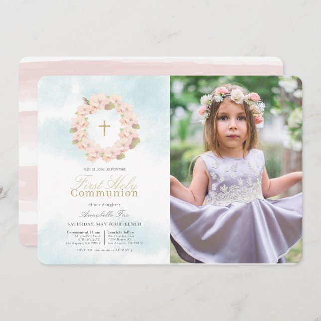 Convite Cherry Blossom Wreath Foto Primeira Comunhão Santa (Frente/Verso)