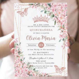 Convite Cherry Blossomo Rosa Butterflies Quinceañera