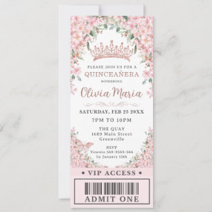 Convite Cherry Blossomo Rosa Dourado Quinceañera Ticket VI