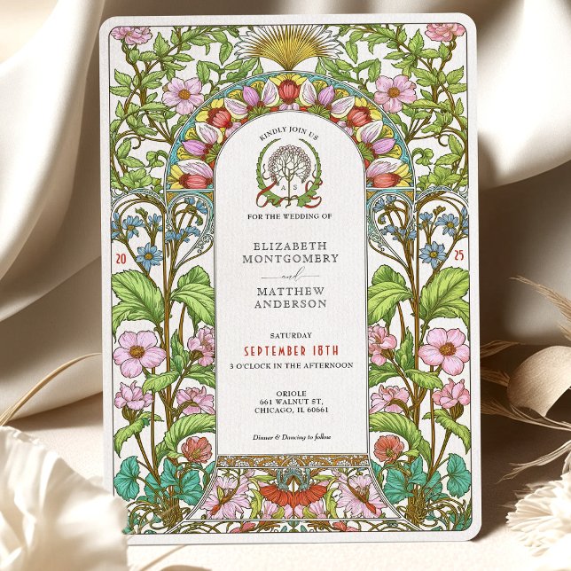 Convite Cherry Blossoms & Cornflower Art Nouveau Casamento (Criador carregado)