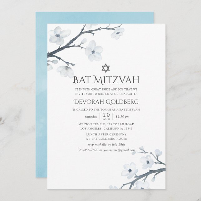 Convite Cherry Blossoms Floral Bat Mitzvah (Frente/Verso)