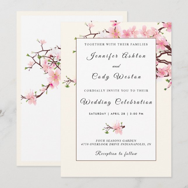 Convite Cherry Blossoms Pink Beige Invitation Card (Frente/Verso)