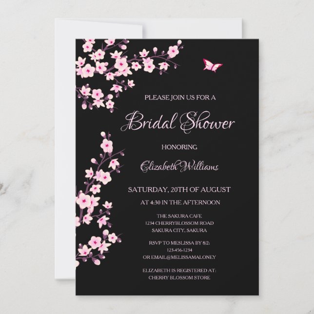 Convite Cherry Blossoms Pink Black Bridal Shower (Frente)