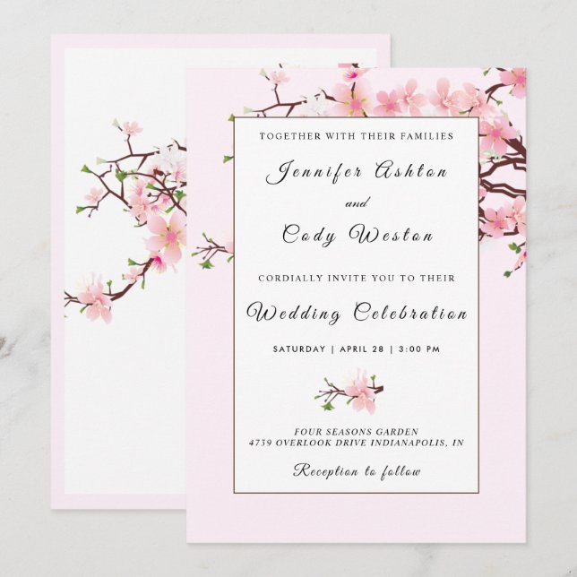 Convite Cherry Blossoms White Invitation Card cor-de-rosa (Frente/Verso)